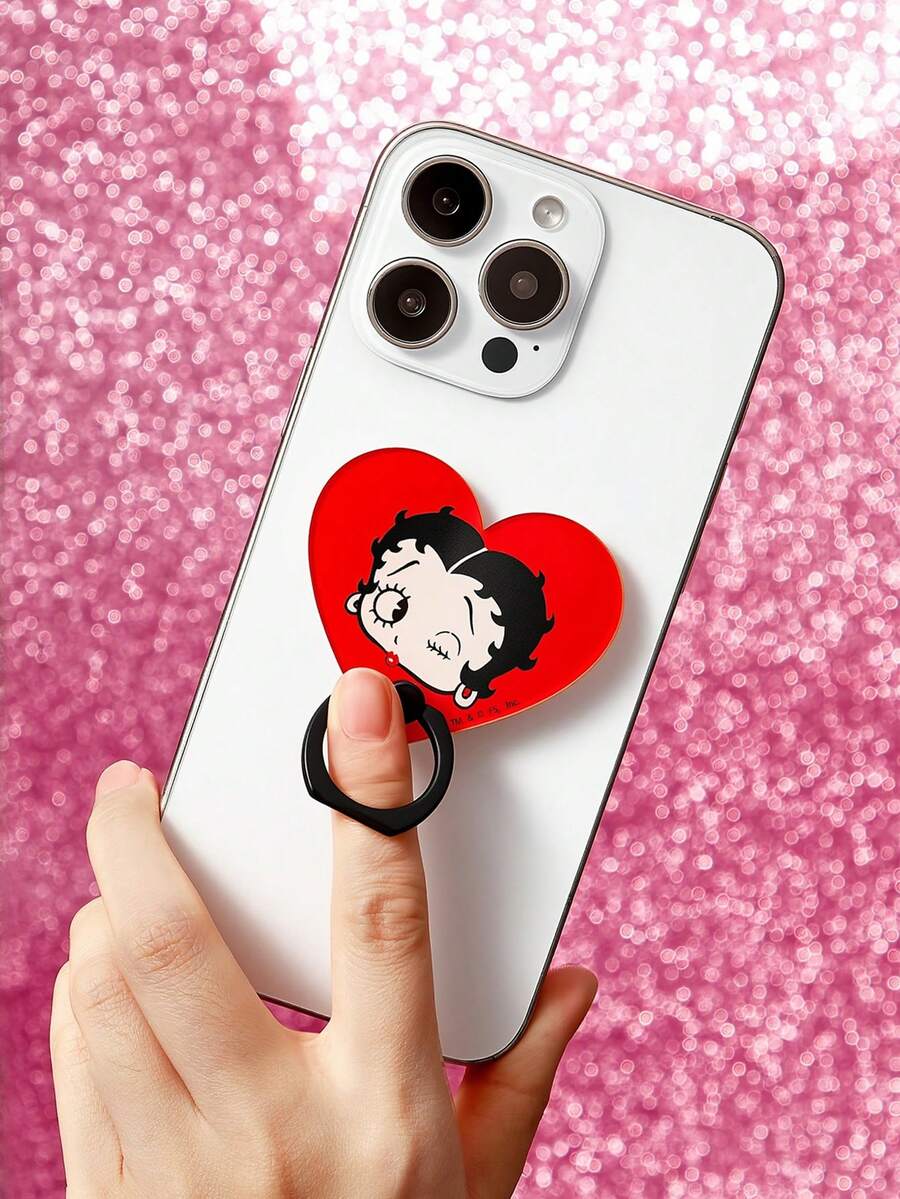 Betty Boop x SHEIN Acrylic Ring Mobile Phone Holder, Desktop Support Bracket Clip Ring Clasp, Strong Adhesive Multi-Functional Ring,Heart,Gift Ideas,Party,Holiday,Valentine's Day - Red - View 1