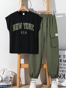 SHEIN 2pcs/Set Tween Boy Casual Comfortable Sleeveless Printed Top And Drawstring Pants Set,Black,Summer,Streetwear,City Break,Outdoor,Sports,School,Party - Army Green - View 3