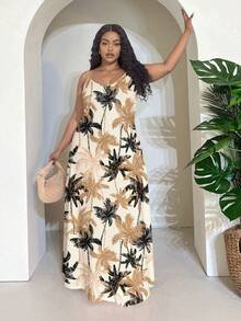 Slaydiva 大码度假风撞色树叶印花休闲无袖连衣裙，飘逸连衣裙，适合外出穿着，时尚百搭。 - 彩色 - 查看 3