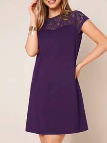 SHEIN Clasi Women's Solid Color Lace Patchwork Round Neck Short Sleeve Dress Purple Violet Shift For Women Cap Casual - Purple - View 6