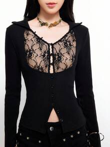 Bloopia Women's V-Neck Lace Patchwork Hollow Out Design Fashionable Chic Date Party Long Sleeve Top - Black - View 6