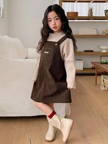 DAZY 少女字母印花口袋设计背带裙 - 棕色 - 查看 3