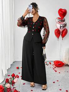 Elenzga Conjunto de 2 piezas elegante para fiesta de otoño en talla grande, color negro y rojo, cárdigan con cuello en V, mangas abullonadas con patchwork de malla en forma de corazón, botones de perla, bajo asimétrico, pantalones - Negro - Ver 5