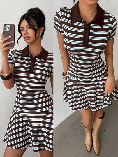 Aloruh Women's New Mini Striped Dress, Retro College Style Polo Collar Dress, Y2K Fashion Casual Dresses For Women Y2k Clothes