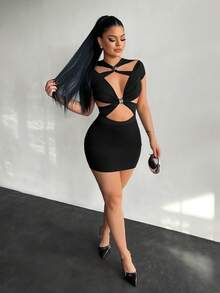 SHEIN SXY Black Fashionable Sexy Hollow-Out Bodysuit, Sexy Curve Bodysuit, Black Cut Out Bodysuit, Black Club Bodysuit, Hollow Out Bodysuit, Black Sexy Bodysuit Women,Valentine's Day, Sexy Curve Dress, Black Cut Out Dress, Black Club Dress, Hollow Out Dress, Black Sexy Dress Women - Black - View 4