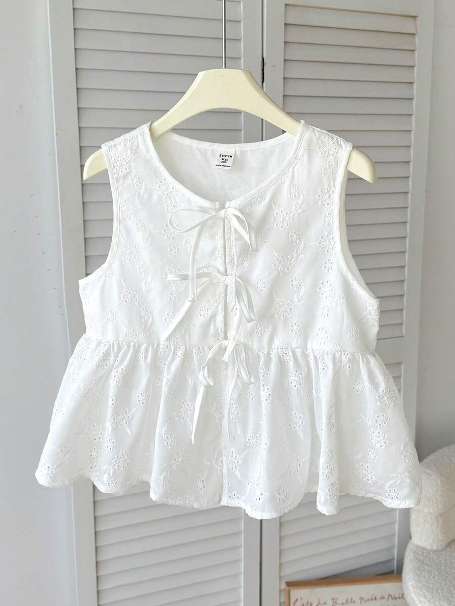 SHEIN Tween Girls' Casual Everyday Vacation Textured Bow Front Crop Top,Kids - White - View 1