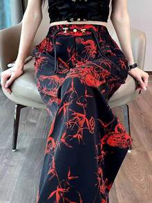 Elenzga Quần cỡ lớn thanh lịch in họa tiết tương phản màu sắc cho năm mới - Đỏ - Xem 1