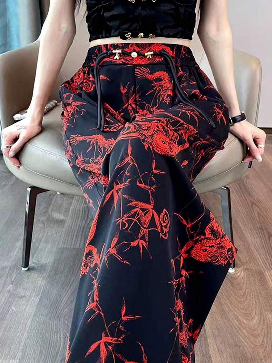 Elenzga Quần cỡ lớn thanh lịch in họa tiết tương phản màu sắc cho năm mới - Đỏ - Xem 1