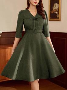 Vintamour 复古经典优雅女士连衣裙，春夏修身系腰蝴蝶结袖连衣裙，腰带连衣裙，藏蓝色连衣裙 - 軍綠色 - 查看 3
