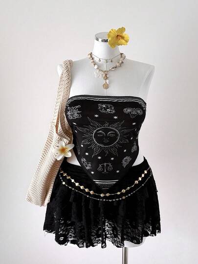 Sunspun Plus Size Women Constellation Print Asymmetrical Hem Fashionable Versatile Tube Top, Suitable For Dates And Parties