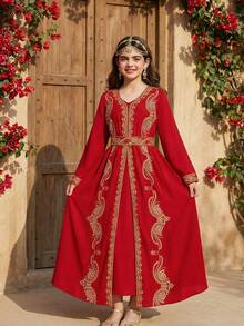 SHEIN Đầm đen sang trọng thêu hoa vàng lấp lánh dành cho bé gái tuổi teen, kiểu dáng cổ điển thanh lịch và đa năng. - Màu Đỏ Sâu - Xem 8