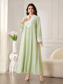 Al Najma Đầm Abaya nữ cổ đứng phối ren, dáng rộng, thoải mái, mặc hàng ngày. - màu xanh lá - Xem 3
