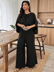 Weeklong Plus Size Women's Batwing Sleeve Cinched Waist Casual Jumpsuit, Suitable For Daily Commute, Spring/Summer - Black - View 7