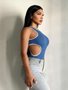 SHEIN SXY Áo liền thân nữ kiểu dáng thể thao, gợi cảm, phối màu xanh dương và trắng. - Màu xanh lam - Xem 6