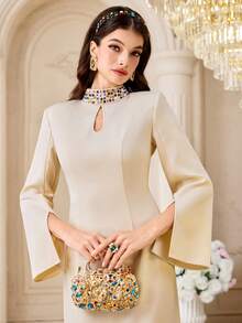 Modelyn Women's Elegant Party Rhinestone Decorated Dress Elegant Dress - Yellow - View 2
