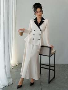 DAZY 2pcs Women Casual Collared Patchwork Top And Long Skirt Set - Black and White - View 4