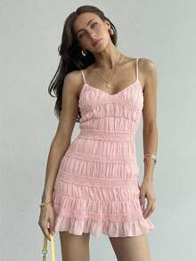 Aloruh Women's Deep V-Neck Textured Fabric Pink Vacation Dress,Pink Dress - Pink - View 4