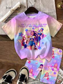 SHEIN 两件套彩色韩流女团字母星星印花休闲套装，渐变扎染卡通人物设计，适合音乐节、派对和日常穿着，夏季短袖上衣和短裤 - 彩色 - 查看 2