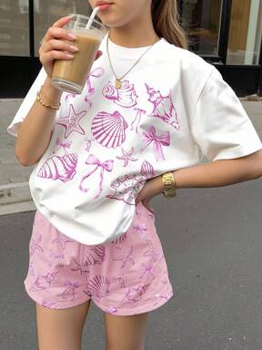 2pcs Cute Ocean Creature, Shell, Bow Print Tween Girls Casual Shorts Set, Suitable For Summer, Summer Getaway, Vacay Vibes, Ancient Florals, Sunset Pastels, Chill Chill