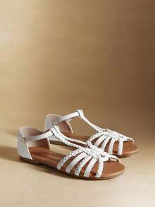 Rosivie Summer New White Woven Roman Sandals Women, White Hollow Flats, Retro Fashion Vacation Style - White - View 3
