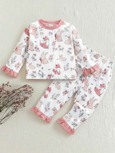 SHEIN Playful Pals 2 件装女婴粉色花卉印花荷叶边袖裤子和长袖休闲舒适家居服套装