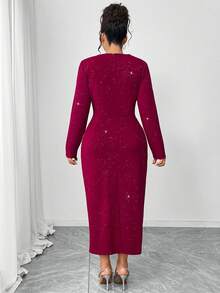 Cravure Plus Size Women's Metallic Shiny Textured Glitter Party Dress, Waist Cinched, High Slit Hem, Elegant & Sophisticated - Burgundy - View 2