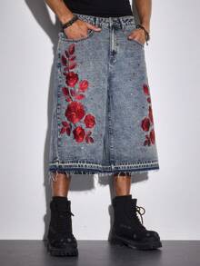 ROMWE MEN Street Life Quần short denim nam thêu hoa và đính đá. - Màu xanh lam - Xem 4