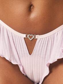 MISSGUIDED Ribbed Heart Charm Detail Ruffle Trim Brief Underwear With Decorative Cutout And Feminine Touch - Mauve Purple - View 3