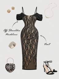 SHEIN MOD فستان نسائي أنيق بتصميم الكتف المكشوف من الدانتيل، قصير متوسط الطول