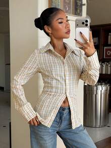 Muchica Women's Plaid Cinched Waist Slim Fit Long Sleeve Shirt  For Going Out Outfits, Back To School,Streetwear, Y2K Clothes - Multicolor - View 2