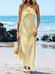 Sylviya Lässiges Damen-Maxikleid mit 3D-Blumen-Neckholder und Schlitz, buttergelbes Kleid, Sommerkleider für Damen, Sommeroutfits für Damen, Urlaubsoutfits für Damen, Strandoutfits für Damen, Strandabschlusskleider für Damen, Sommerkleidung für Damen, Urlaubsoutfits für Damen, Urlaubskleid, Strandkleider für Damen, Sommerkleidung für Damen, Strandurlaubsoutfits, fließendes Kleid, Hawaii-Outfits für Damen, Old Money Style, Bohème-Kleidung für Damen, buttergelbe Ausgeh-Outfits