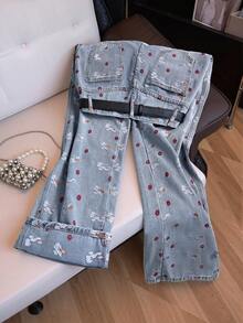 GlowEve 女士休闲日常花卉刺绣水洗斜插口袋宽松牛仔裤