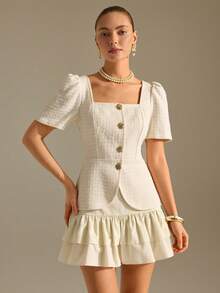 CLARA VERO White Tweed Puff Sleeve Layered Ruffle Skirt Set: Slim Fit And Girly Peplum Shape, Perfect For Afternoon Tea Parties Or Elegant City Events, Made In Non-Elastic Textured Polyester Featuring Gold Button Down Front And Double Layered Skirt White Vintage Dress Square Neck Blouse French Style Dress Tweed Two Piece Set - Olive Green - View 4