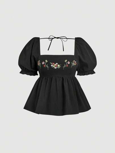 SHEIN MOD Plus Size Black Embroidered Lace Vintage Vacation Embroidered Sleeveless Blouse For Women