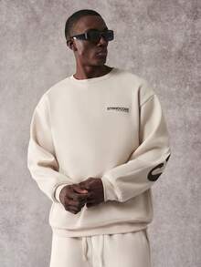 STYNVO 男士休闲时尚街头日常通勤字母印花保暖宽松圆领卫衣和阔腿运动裤套装，秋冬超大街头风 Jackpot 卫衣，男士超大街头风卫衣 - 杏色 - 查看 4