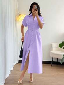 Rafferiza 女士休闲短袖衬衫裙，纽扣前襟设计，插肩袖，腰部收紧 - 紫色 - 查看 5