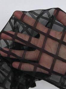 SHEIN Clasi Women's Casual V-Neck Mesh Sleeve Long Sleeve Shirt Women's Black V-Neck Sheer Checkered Bell Sleeve Blouse | Elegant Casual Going Out Date Summer Office Top  Spring/Summer  Valentine's Day Wedding  Spring/Summer Blusas Elegantes Feminina Summer Tops Black Top Printemps été Spring Outfits For Women Summer Outfits - Black - View 7