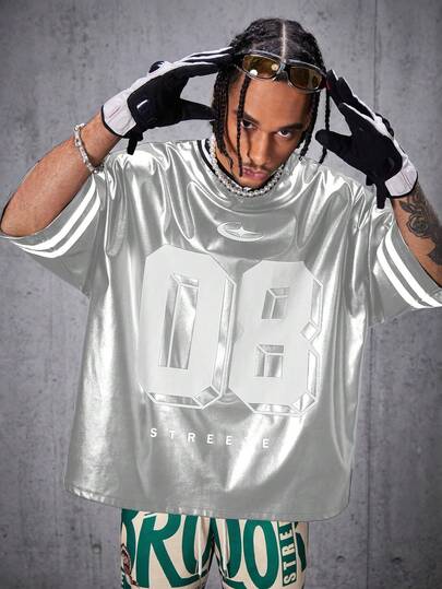 AXEPEAK Men's Loose Fit V-Neck Short Sleeve PU Leather T-Shirt, Fashionable For Summer, School, Streetwear Style, Fall/Winter