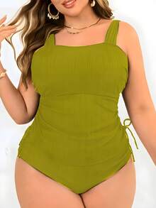Swim Lushoire Bộ đồ bơi tankini 2 mảnh màu trơn cỡ lớn, áo hai dây bản rộng, quần có dây rút, đồ bơi xếp ly tối giản phong cách thường ngày dành cho người trưởng thành cỡ lớn. - Màu vàng - Xem 4
