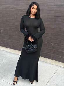 Alexandranx New Stylish Contrast Panel Cinched Waist Slim Fit Long Solid Black Stretchy Dress - Black - View 1