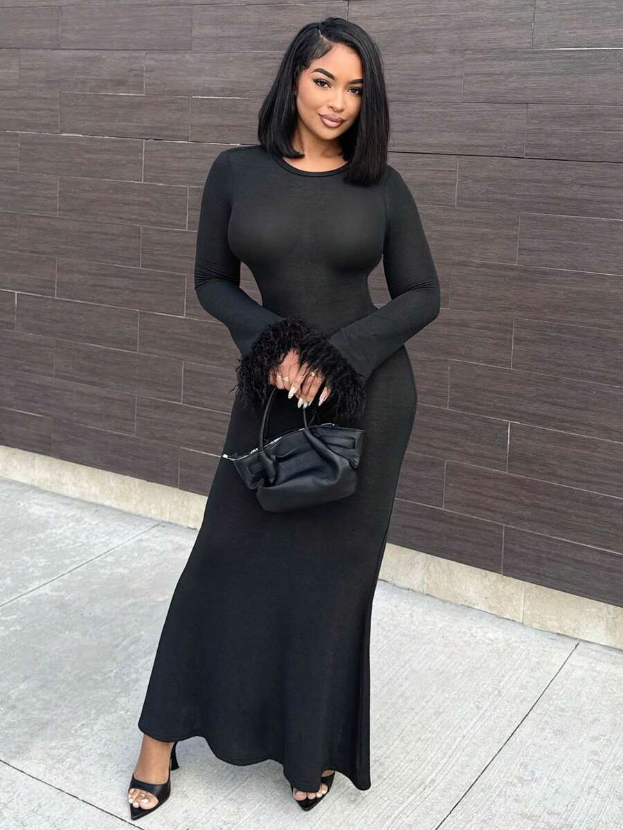Alexandranx New Stylish Contrast Panel Cinched Waist Slim Fit Long Solid Black Stretchy Dress - Black - View 1