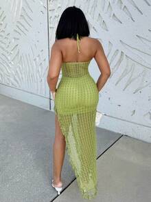 Alexandranx Sexy Boho Colorful Crochet Wavy Pattern High Split Dress, Halter Backless Tassel Hem Vacation Dress, Suitable For Casual Outing, Date, Birthday, Party, Nightclub, Island Resort, Holiday,Rave Outfits Festival - Green - View 3