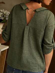 SHEIN LUNE Plus Size Women's Casual Mid-Sleeve Shirt With Backside Ring Design, Spring/Summer - Army Green - View 1