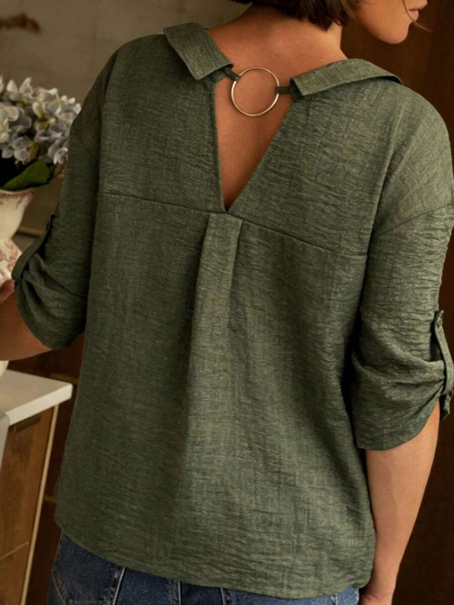 SHEIN LUNE Plus Size Women's Casual Mid-Sleeve Shirt With Backside Ring Design, Spring/Summer - Army Green - View 1