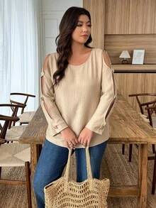 SHEIN LUNE Camisa Cáqui Ombro a Ombro de Manga Longa com Botões Metálicos, Adequada para Férias Casuais na Primavera e Verão, Plus Size para Mulheres - Caqui - Visão 8