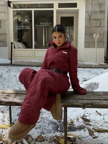 SHEIN EZwear Vinröd jumpsuit med långa ärmar och dragkedja för kvinnor, casual, juloutfit för kvinnor, vinter - Bourgogne - Visa 5
