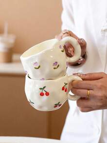 1pc Ins Style Hand-Painted Cherry & Strawberry Ceramic Cup, Asymmetrical Embossed Body, Breakfast Coffee Mug, Girly Desktop Water Cup, Party Afternoon Tea Cup, Red Tea Cup, Large Capacity Water Mug, Coffee Cup - Multicolor - View 6