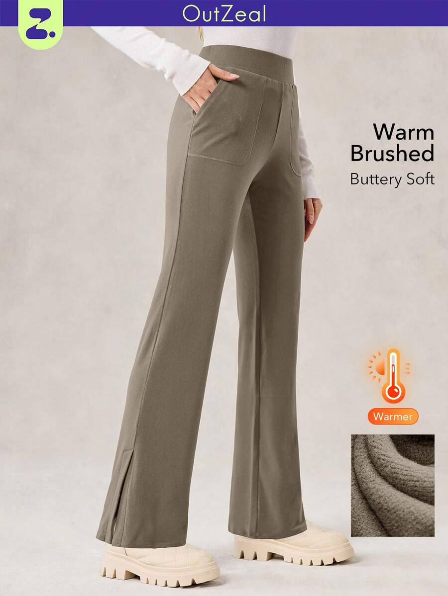 OutZeal 女士运动裤 普拉提瑜伽保暖内衬日常休闲柔软保暖高腰拉链口袋 - 卡其色 - 查看 1