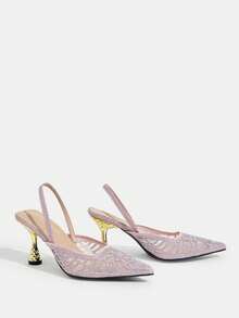 CUCCOO TILAWA 女士时尚方头细高跟鞋，优雅晚宴高跟鞋，露后跟套穿式水钻装饰高跟鞋 - 粉色 - 查看 3