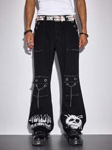 ROMWE MEN Street Life Quần jeans ống loe nam phong cách Gothic thường ngày, in hình đầu lâu, rách rưới, có túi nắp gập và dây xích trang trí. - màu đen - Xem 1